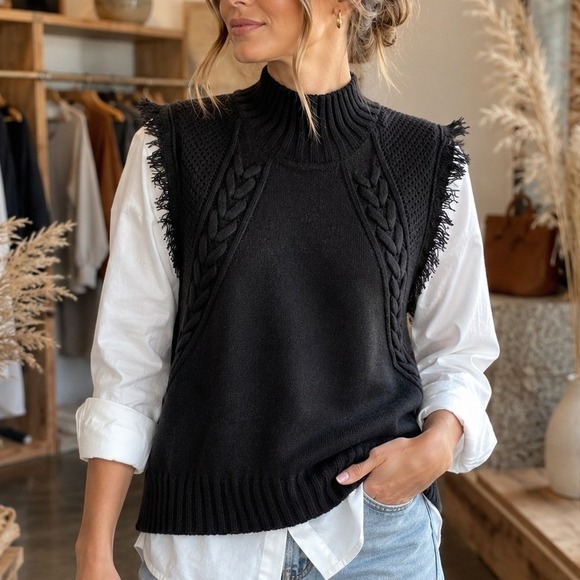 Unbranded Sweaters - Black Mock Neck Cable Knit Sweater Vest Fringed Sleeveless Top Acrylic Cottage